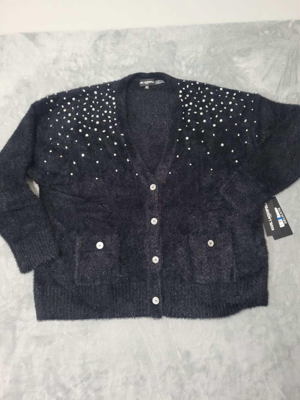 KARL LAGERFELD Women’s Cardigan Long Sleeve Embellished Pearls Bling Jewels XL